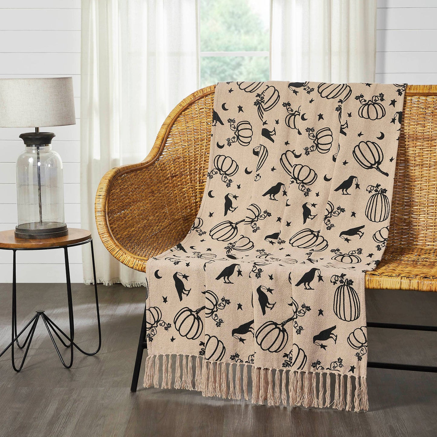 Raven Harvest Farmhouse Black Tan Plaid Woven Cotton Throw Blanket 50x60