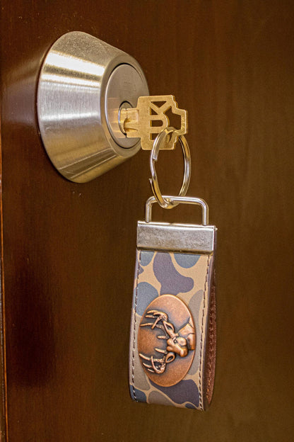 Buck Hunting Old School Camo Leather Loop Keychain.
