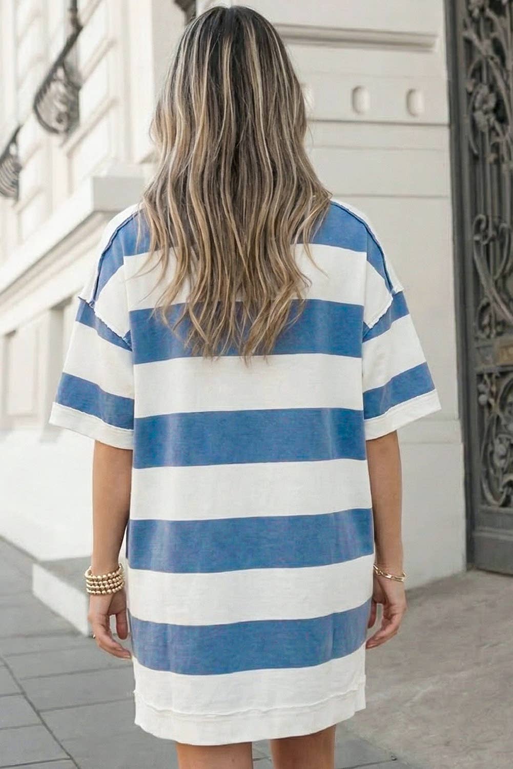 Stripe Raw Seam Shoulder Detail Tee Mini Dress