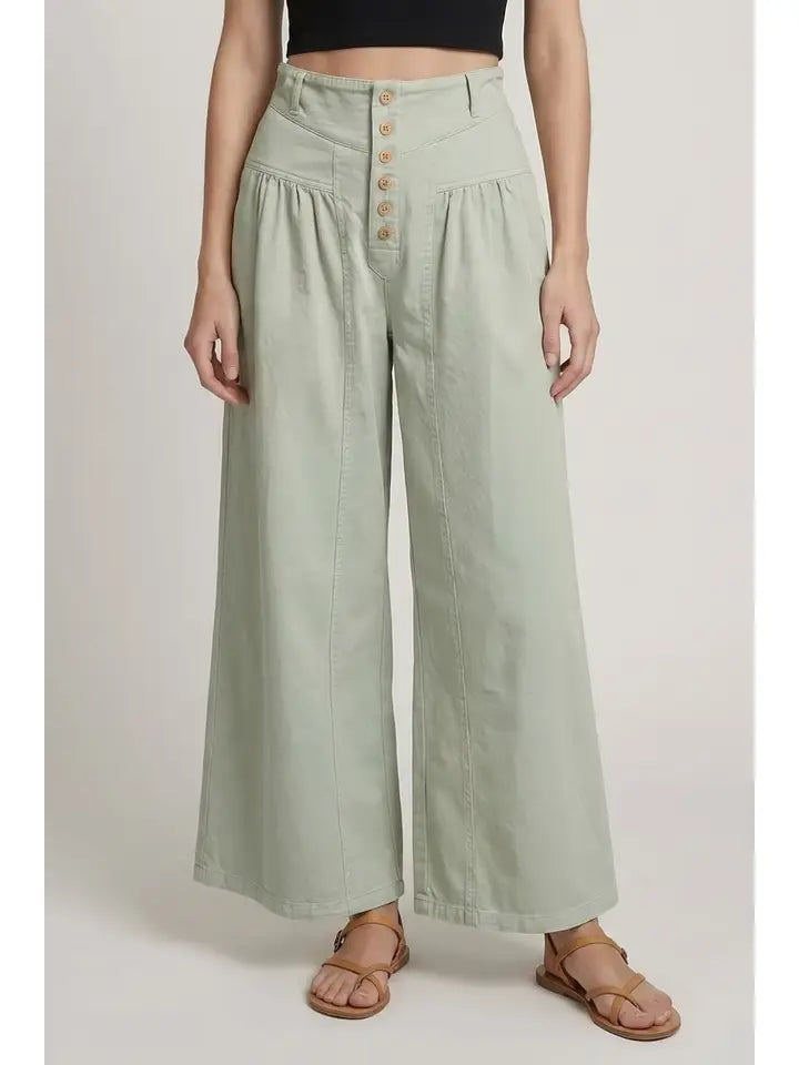 Cotton Twill Wide Leg Button Closure Crop Pants