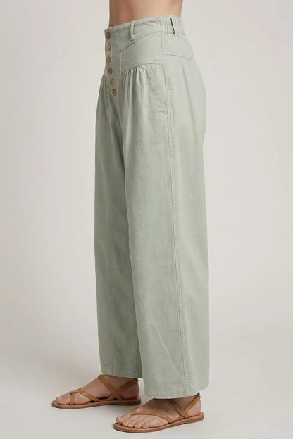 Cotton Twill Wide Leg Button Closure Crop Pants