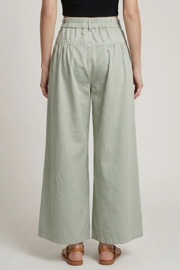 Cotton Twill Wide Leg Button Closure Crop Pants