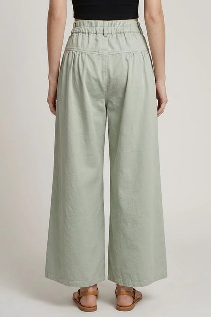 Cotton Twill Wide Leg Button Closure Crop Pants