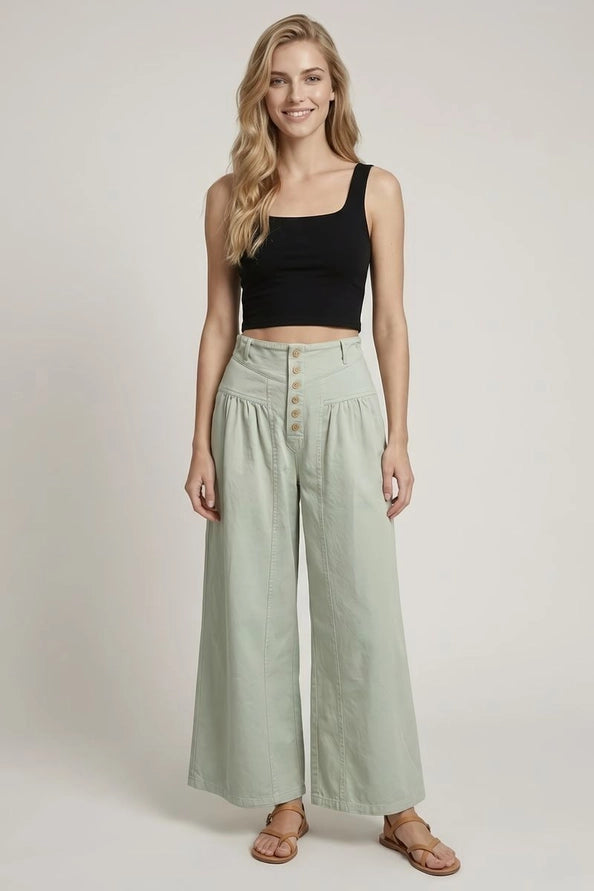 Cotton Twill Wide Leg Button Closure Crop Pants