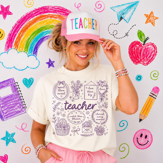 Teacher Purple Whimsical Doodles DTF Transfer