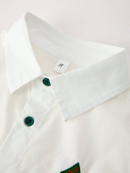 Boys Christmas Tree Embroidered White Short Sleeve Button Down Shirt