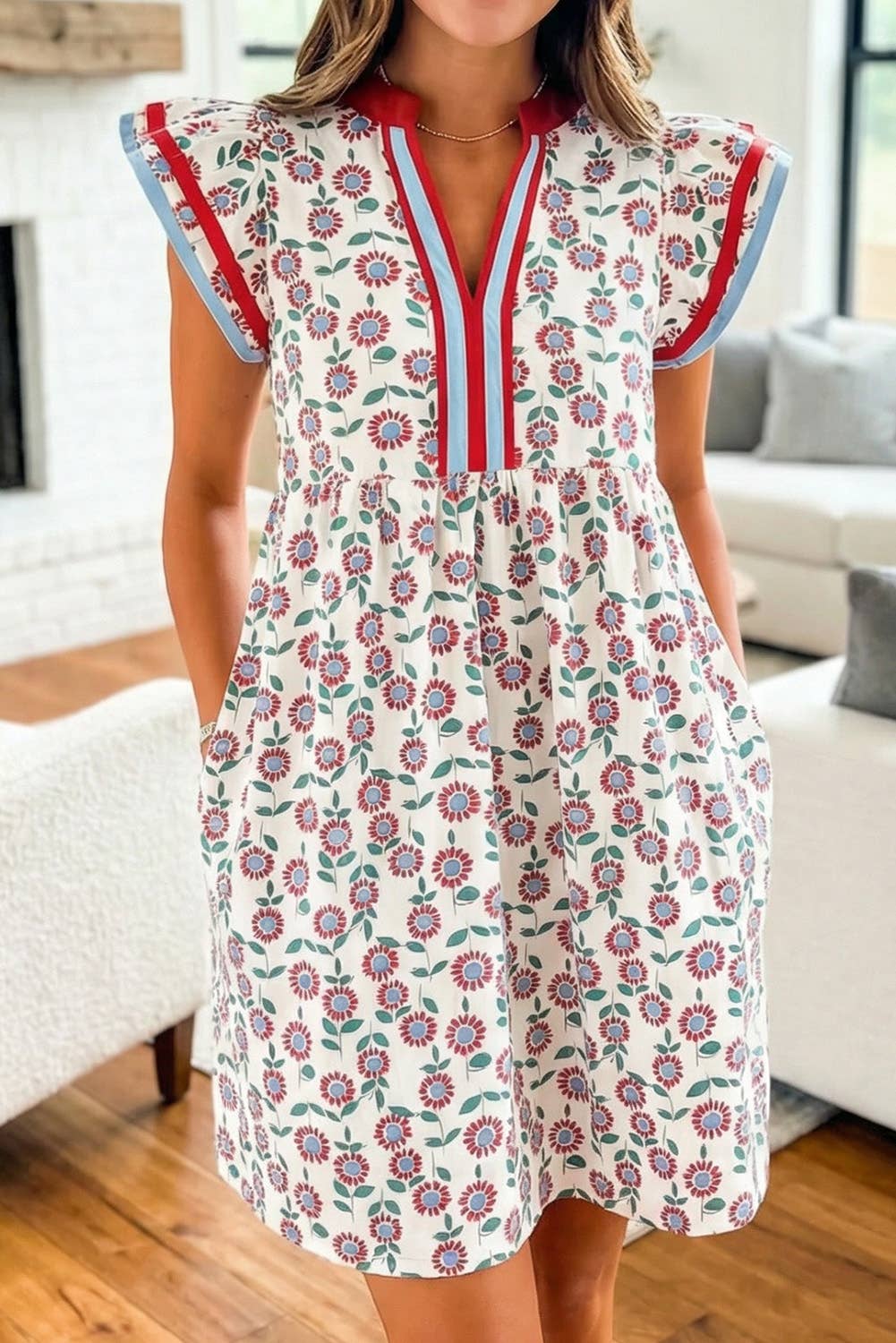 Floral Print Striped V Neck Ruffled Mini Dress