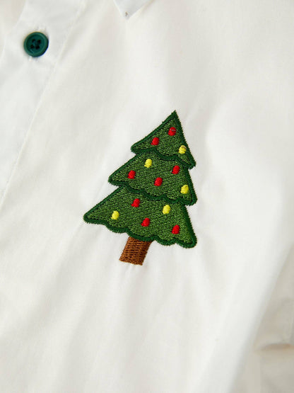 Boys Christmas Tree Embroidered White Short Sleeve Button Down Shirt