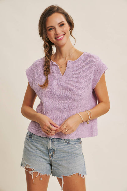 RELAXED FIT SLUB KNIT SWEATER TOP WITH SPLIT NECK