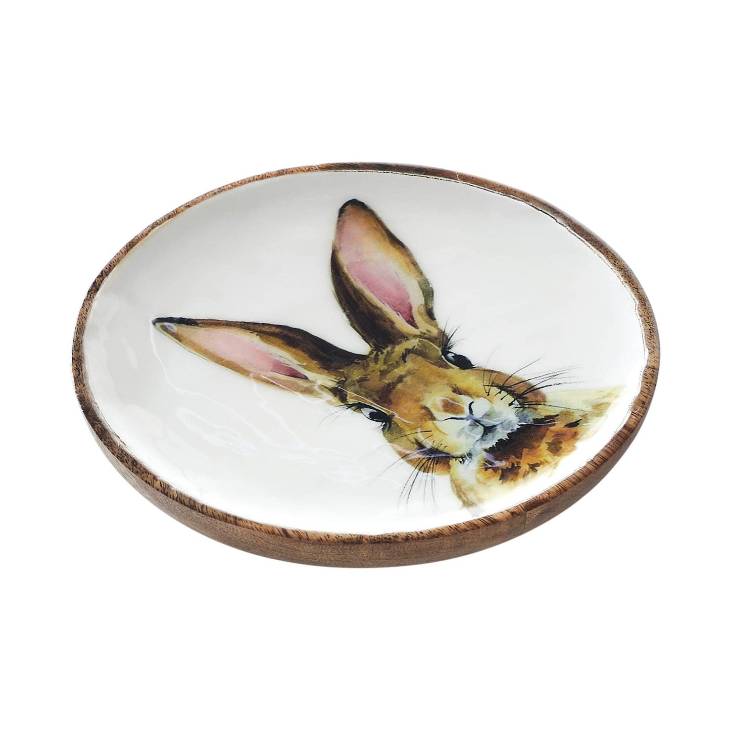 Bunny Hop Decorative Wooden Plate with White Bunny Motif - Rustic Farmhouse Spring Accent - 8.5 Diameter