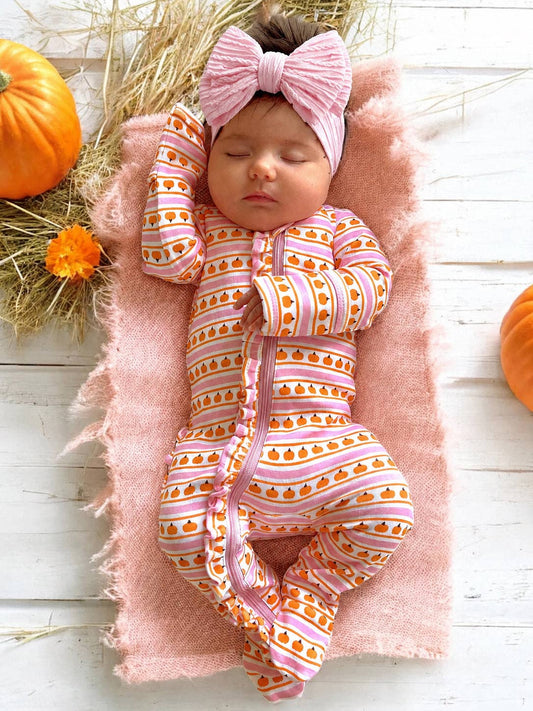 Pumpkin Stripe Pink / Organic Frill Zip Footie