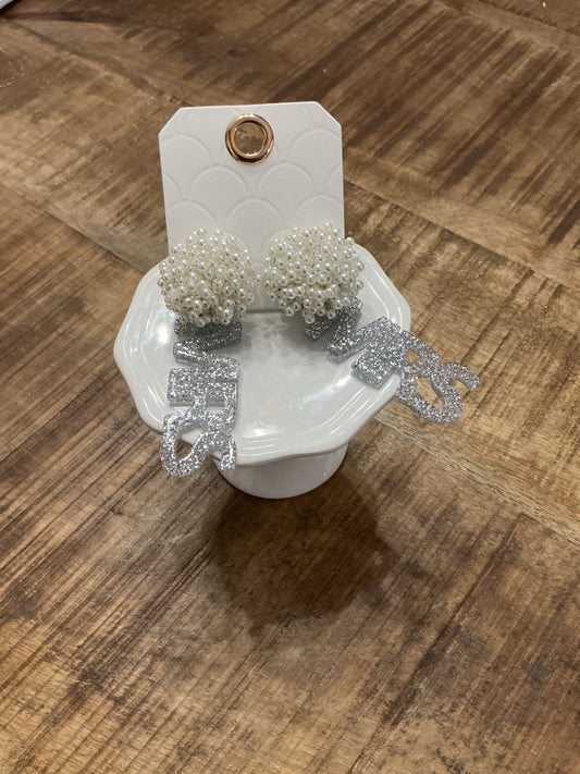Mrs Glitter Acrylic  Pom Pom Earrings