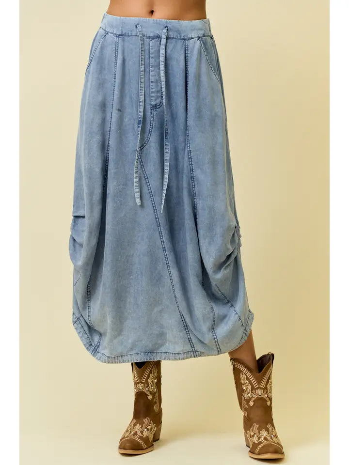 Denim Side Tuck Detail Midi Skirt