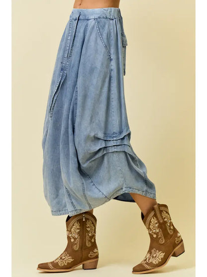 Denim Side Tuck Detail Midi Skirt