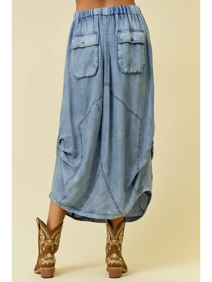 Denim Side Tuck Detail Midi Skirt