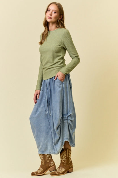 Denim Side Tuck Detail Midi Skirt