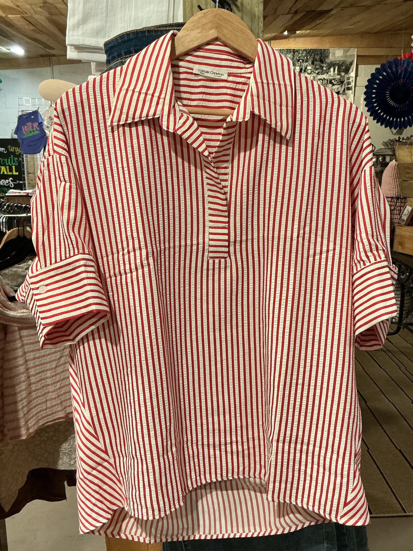 Red Seer Sucker Collar Top
