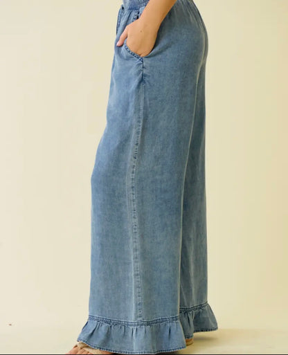 Denim Ruffle Bottom Wide Leg Pants