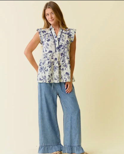 Denim Ruffle Bottom Wide Leg Pants