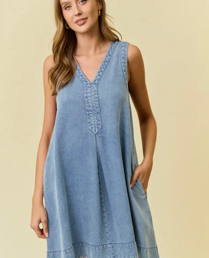 Denim V-neck sleeveless A-line dress