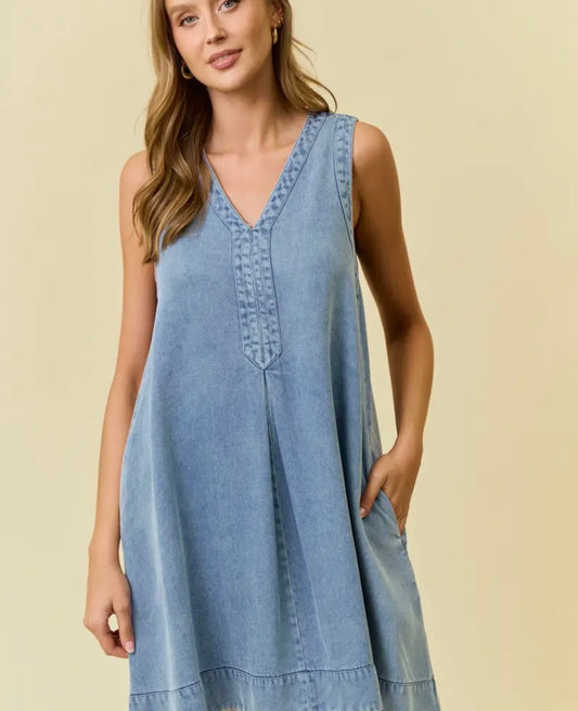 Denim V-neck sleeveless A-line dress