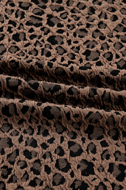 Brown Ribbed Trim Leopard Print Long Sleeve Top