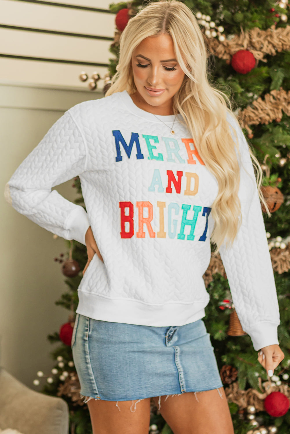 White Merry and Bright Cable Knit Sweatshirt