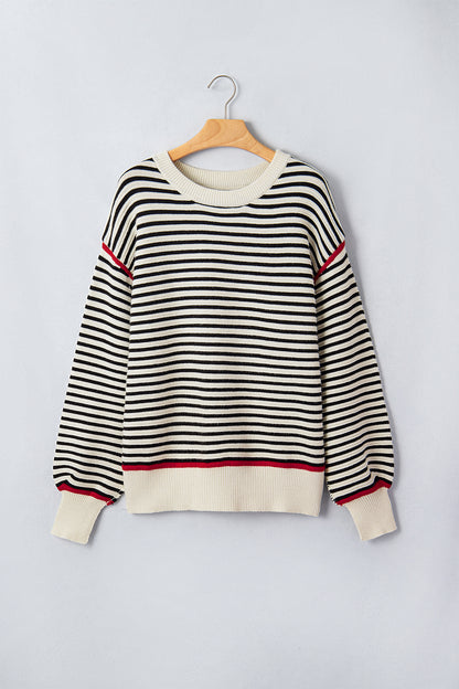 Black Stripe Ribbed Trim Drop Shoulder Oversized Sweater