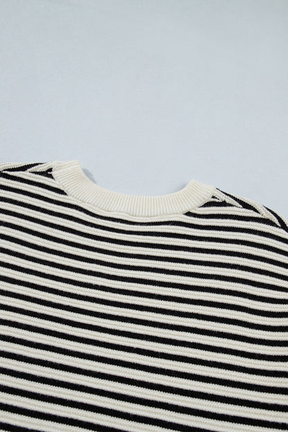 Black Stripe Ribbed Trim Drop Shoulder Oversized Sweater