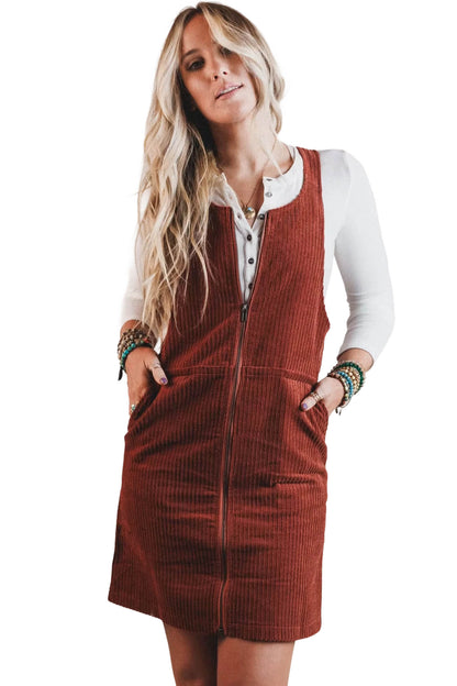 Clay Ribbed Corduroy Zip-Up Sleeveless Pocket Sheath Dress