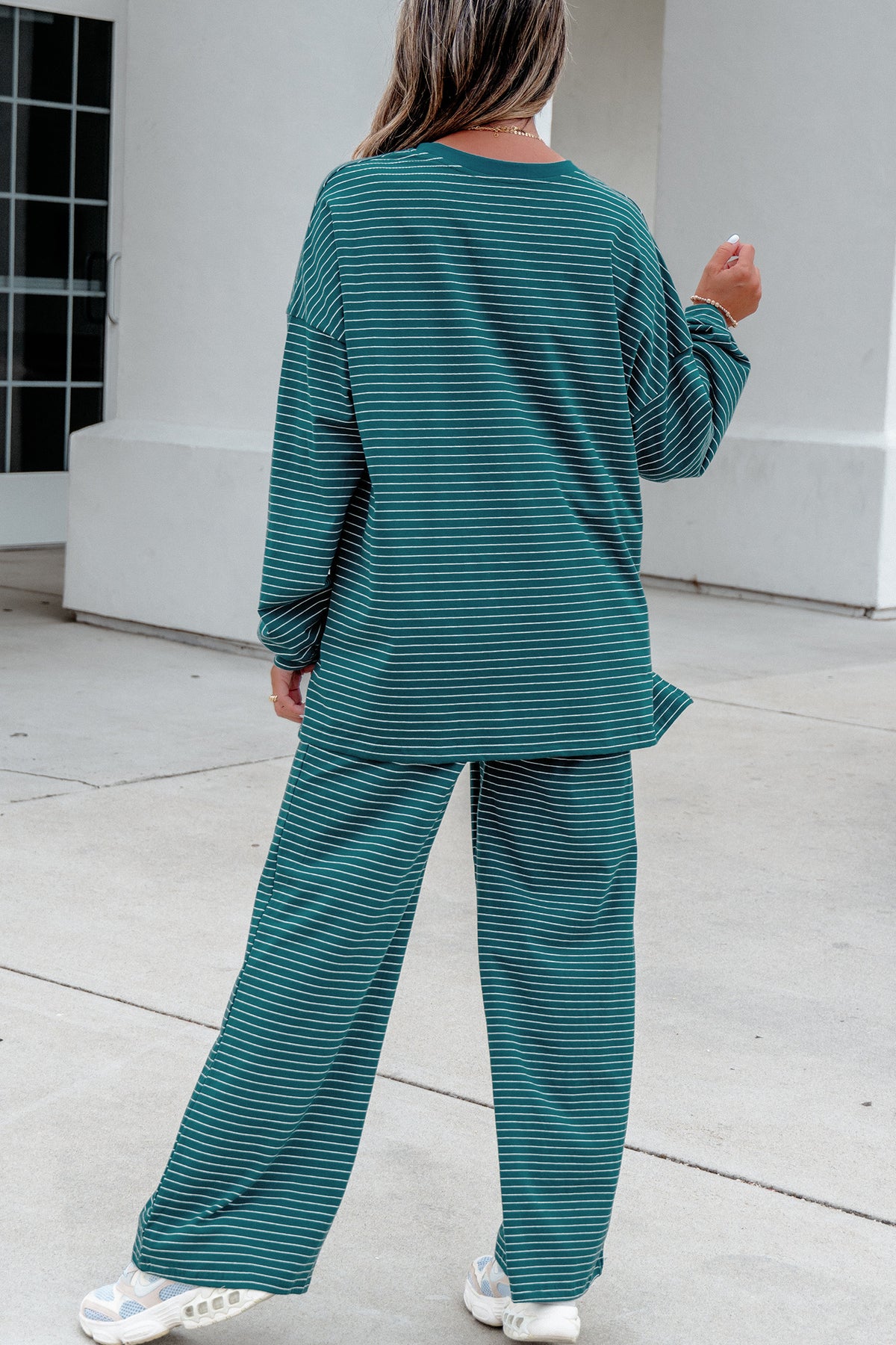 Green Stripe Dropped Shoulder Long Sleeve Pant Set