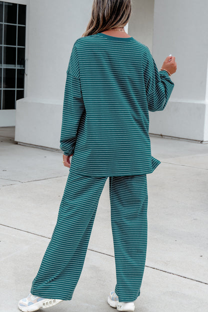 Green Stripe Dropped Shoulder Long Sleeve Pant Set