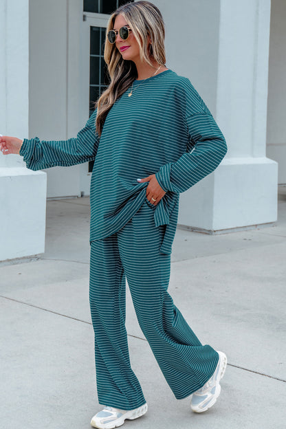 Green Stripe Dropped Shoulder Long Sleeve Pant Set