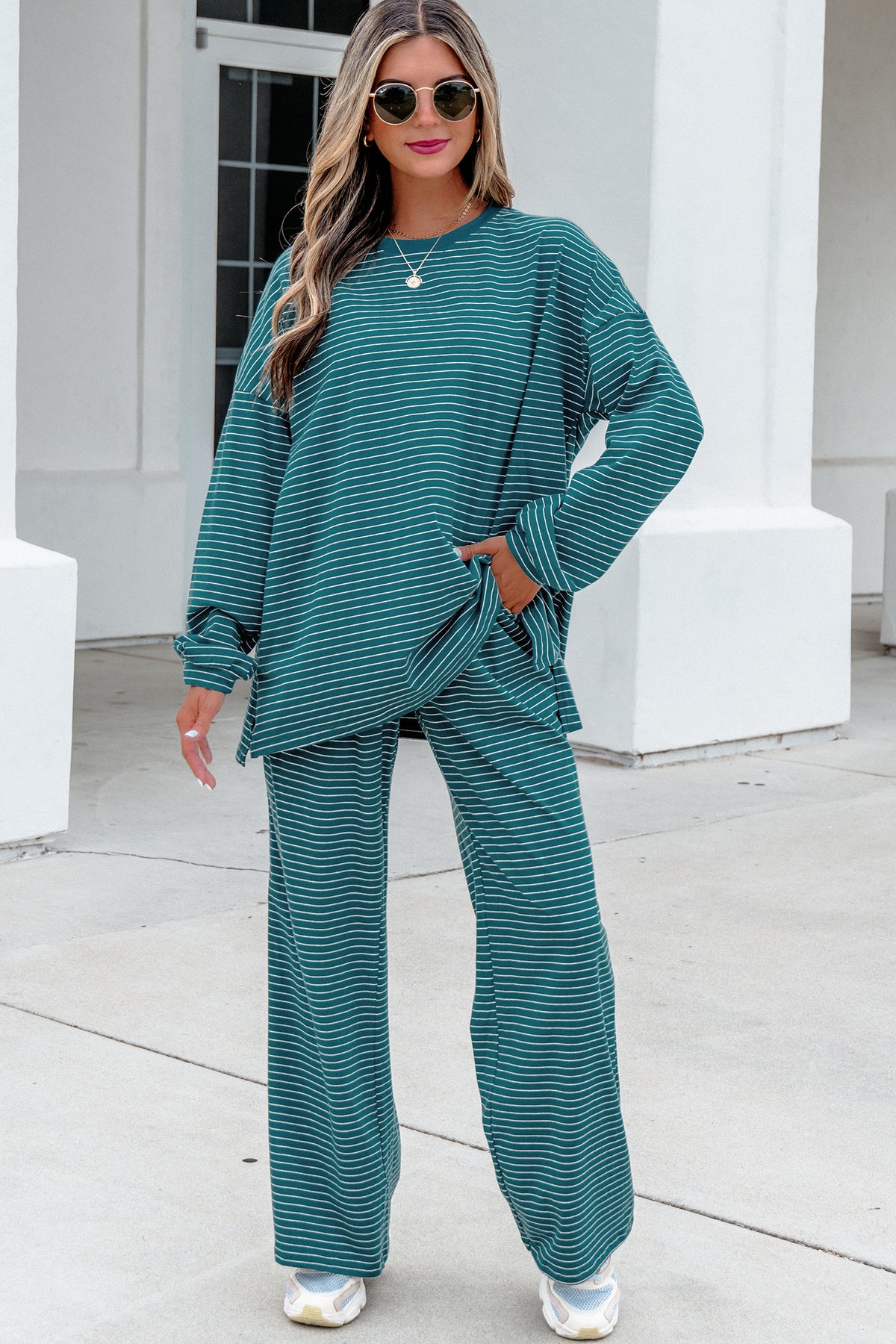 Green Stripe Dropped Shoulder Long Sleeve Pant Set