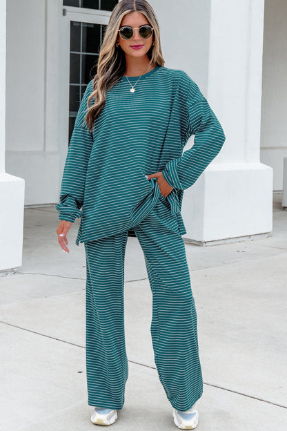 Green Stripe Dropped Shoulder Long Sleeve Pant Set