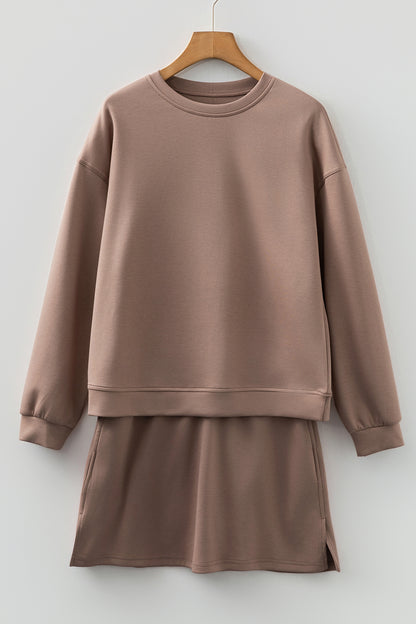 Drop Shoulder Pullover Drawstring Mini Skirt - 2 Piece Outfit