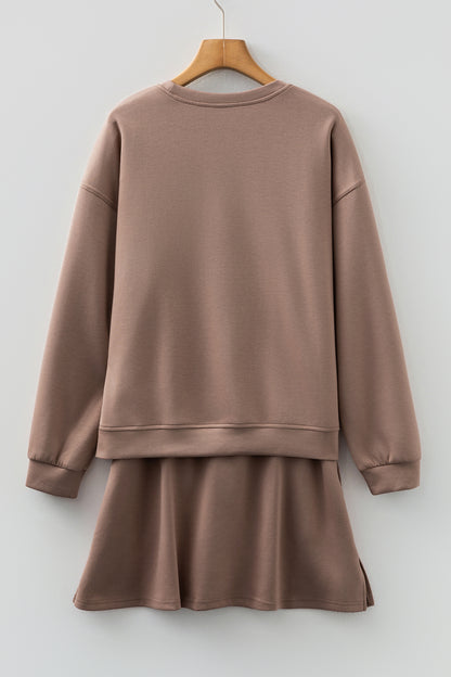 Drop Shoulder Pullover Drawstring Mini Skirt - 2 Piece Outfit