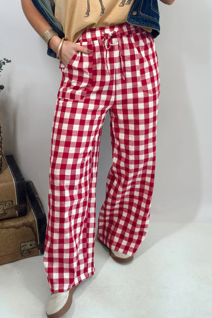 Red 100% Cotton Gingham Plaid Tie Elastic Waist Shift Pants