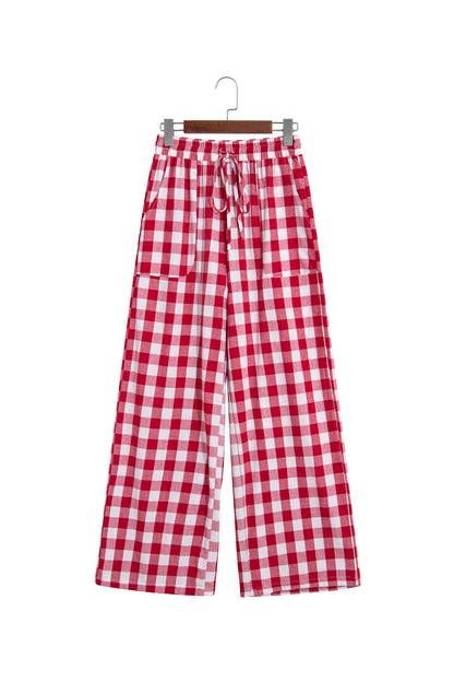 Red 100% Cotton Gingham Plaid Tie Elastic Waist Shift Pants
