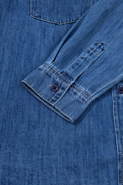 Sail Blue Western Patch Pockets Tunic Length Denim Shirt