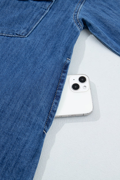 Sail Blue Western Patch Pockets Tunic Length Denim Shirt