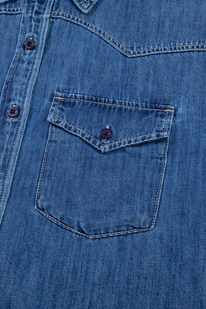 Sail Blue Western Patch Pockets Tunic Length Denim Shirt