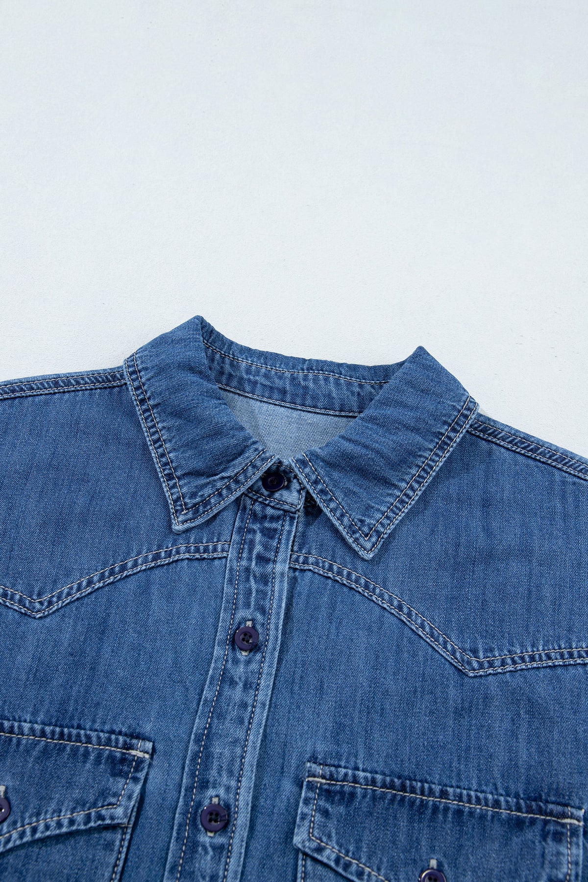 Sail Blue Western Patch Pockets Tunic Length Denim Shirt