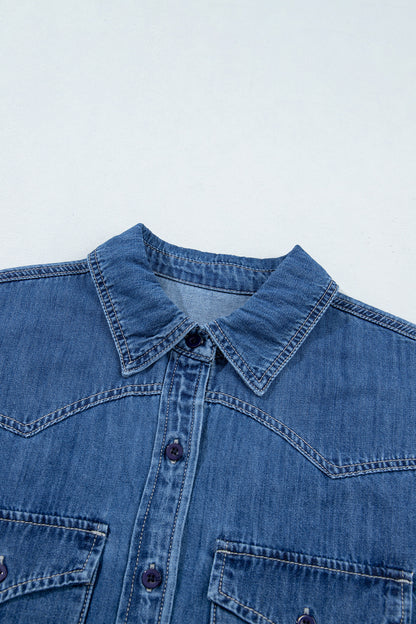 Sail Blue Western Patch Pockets Tunic Length Denim Shirt