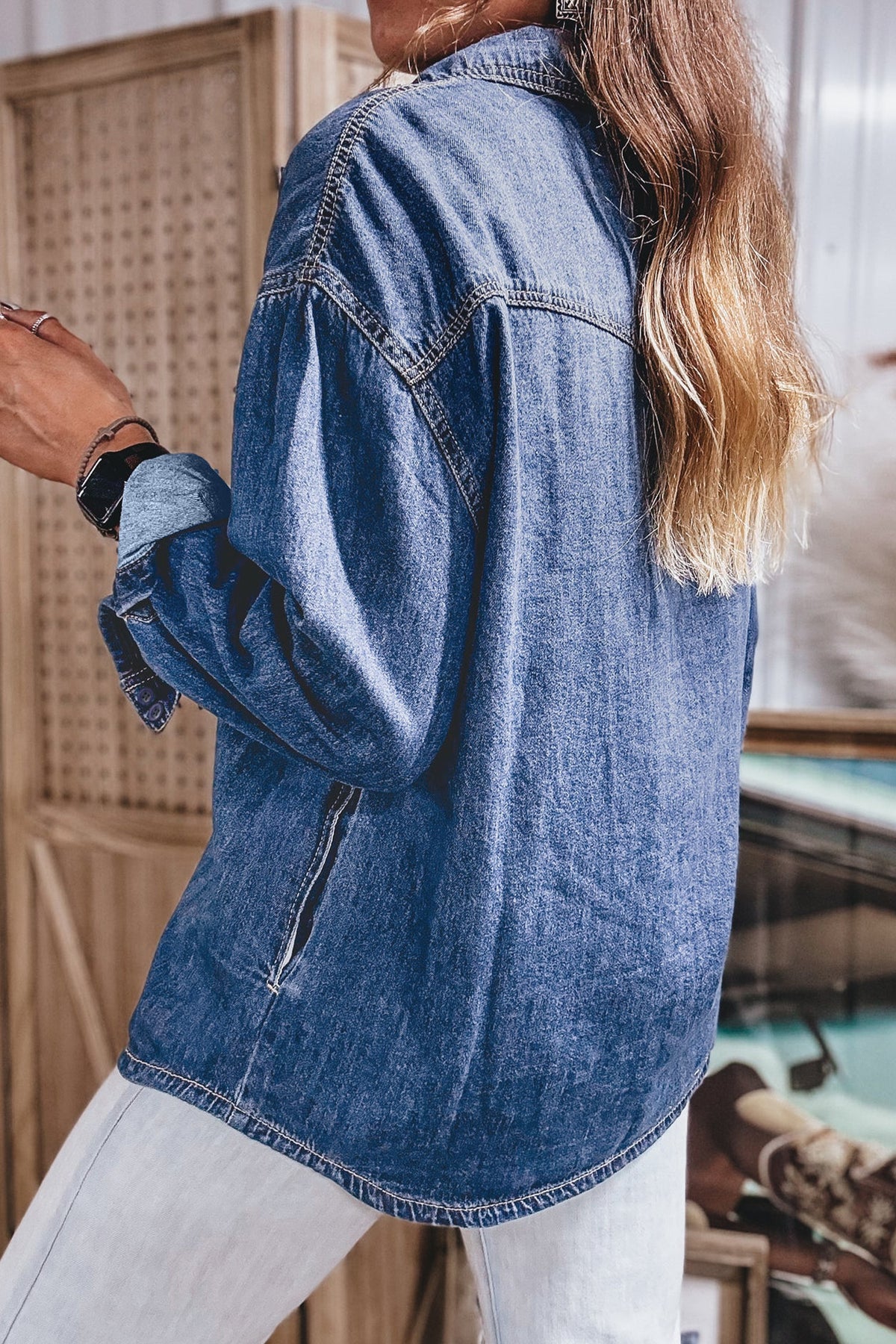 Sail Blue Western Patch Pockets Tunic Length Denim Shirt