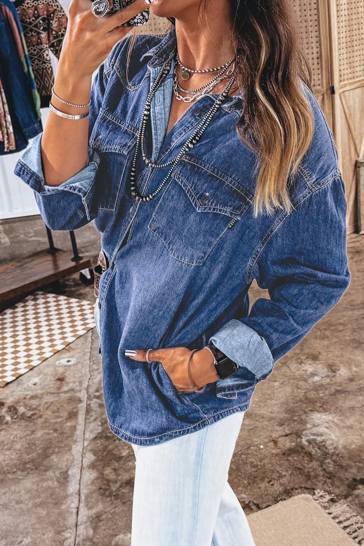 Sail Blue Western Patch Pockets Tunic Length Denim Shirt