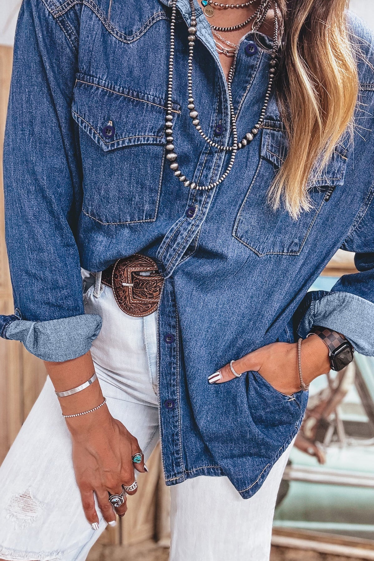 Sail Blue Western Patch Pockets Tunic Length Denim Shirt