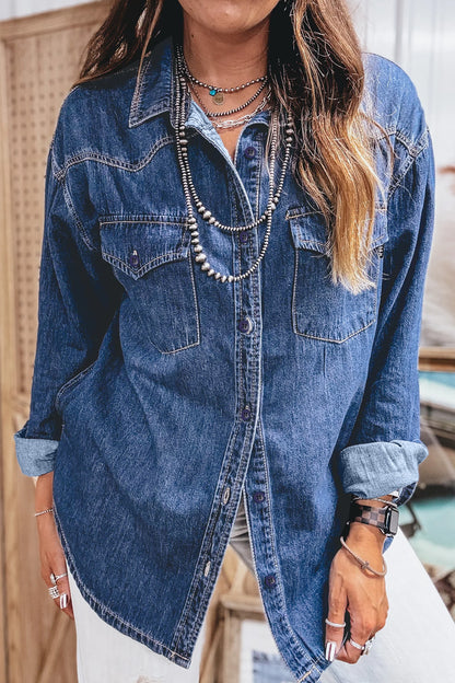 Sail Blue Western Patch Pockets Tunic Length Denim Shirt