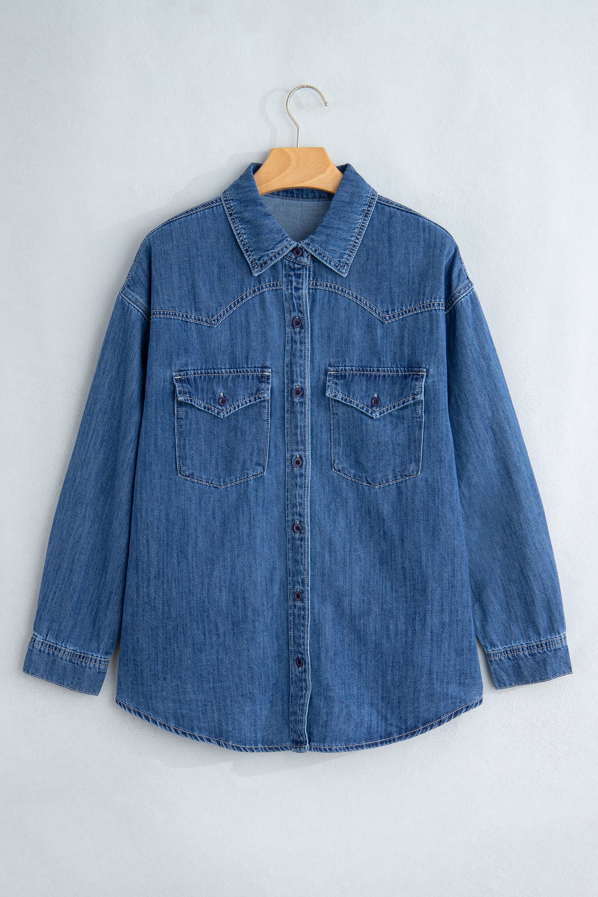 Sail Blue Western Patch Pockets Tunic Length Denim Shirt