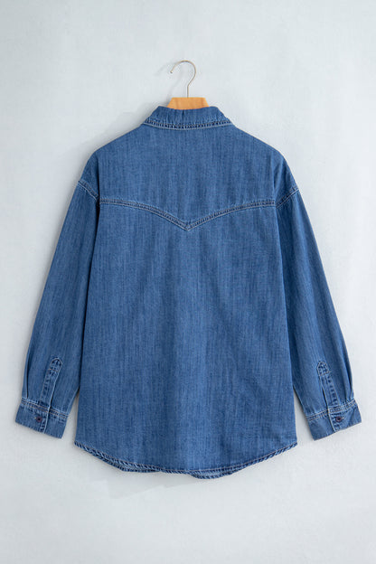 Sail Blue Western Patch Pockets Tunic Length Denim Shirt